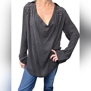 Haute Hippie 100% Silk Embellished Drape Front Blouse Black M